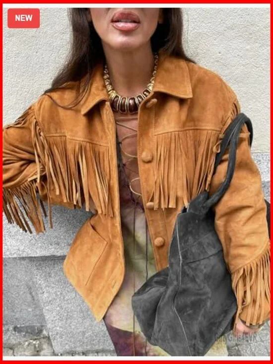 Faux Suede Fringe Jacket Oversized Long Sleeve Western Style Button Front - Picture 2 of 5